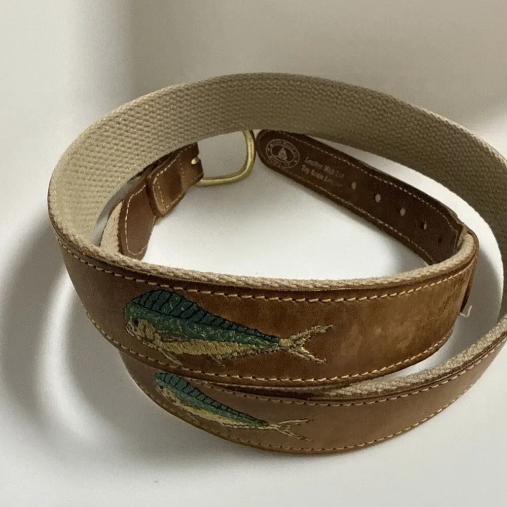 Men's Leather Man Ltd. Mahi Mahi Dolphin Belt Leather Canvas Brass Size 36